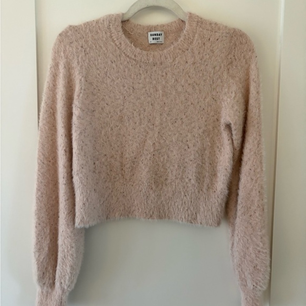 Sunday best | Aritzia light pink fuzzy kitten sweater metallic crop crew neck XS